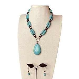 Native American Apache Imitation Turquoise Pendant Necklace Matching Earrings‎